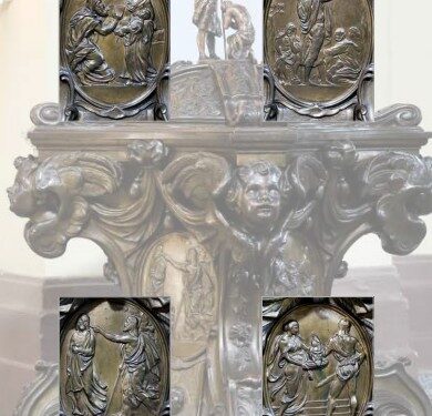 Chrzcielnicę zdobią cztery reliefy ze scenami z życia świętego Jana Chrzciciela.